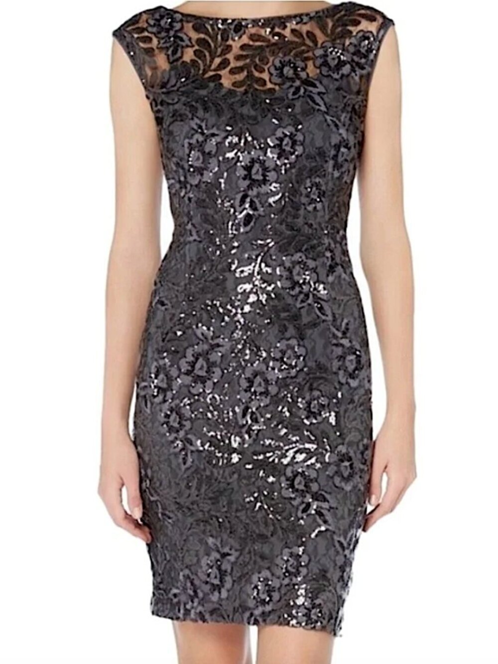 LAUREN RALPH LAUREN Sequined Lace Overlay Sheath Dress Deep Gray